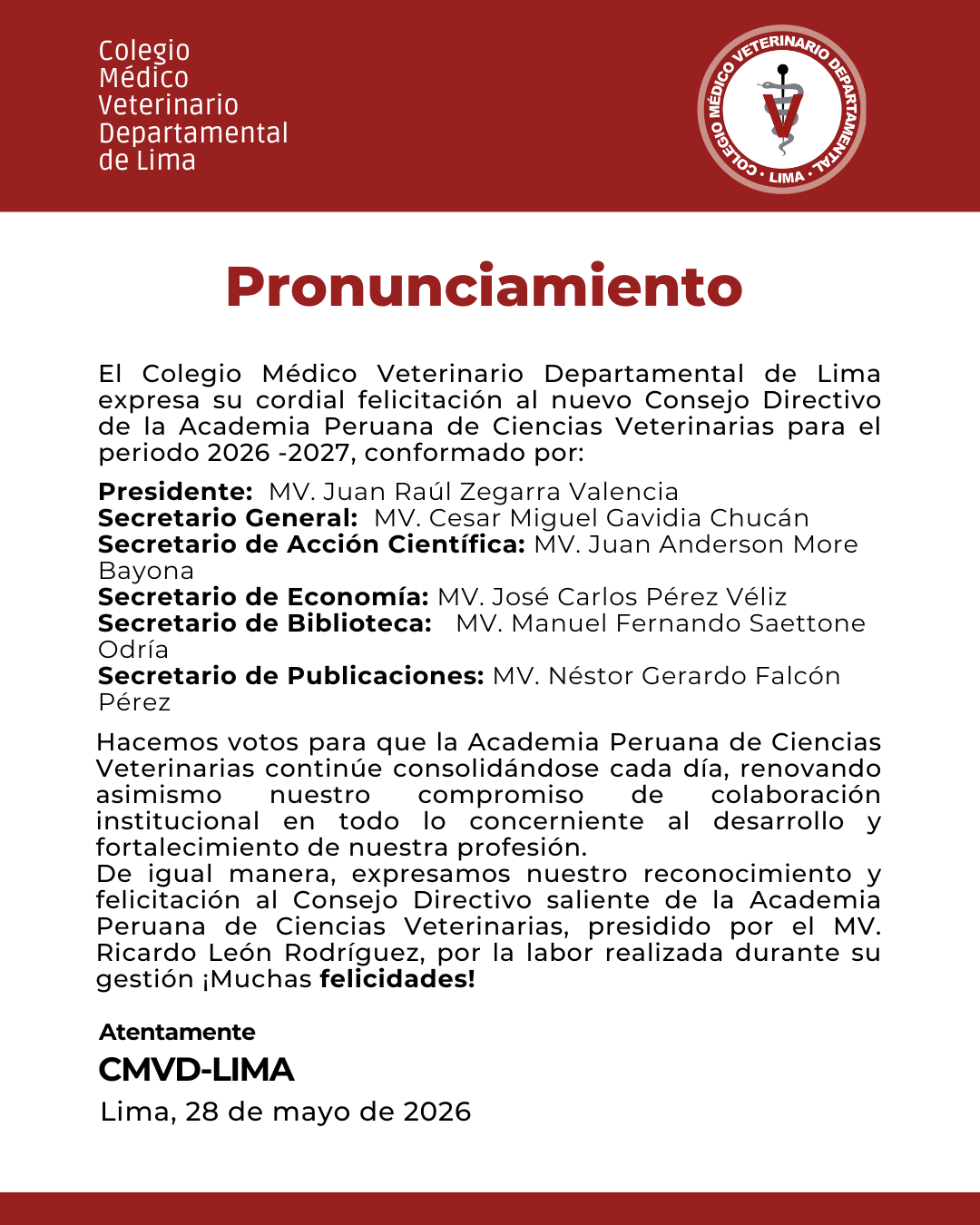 Felicitaciones al Nuevo Consejo Directivo de la APCV